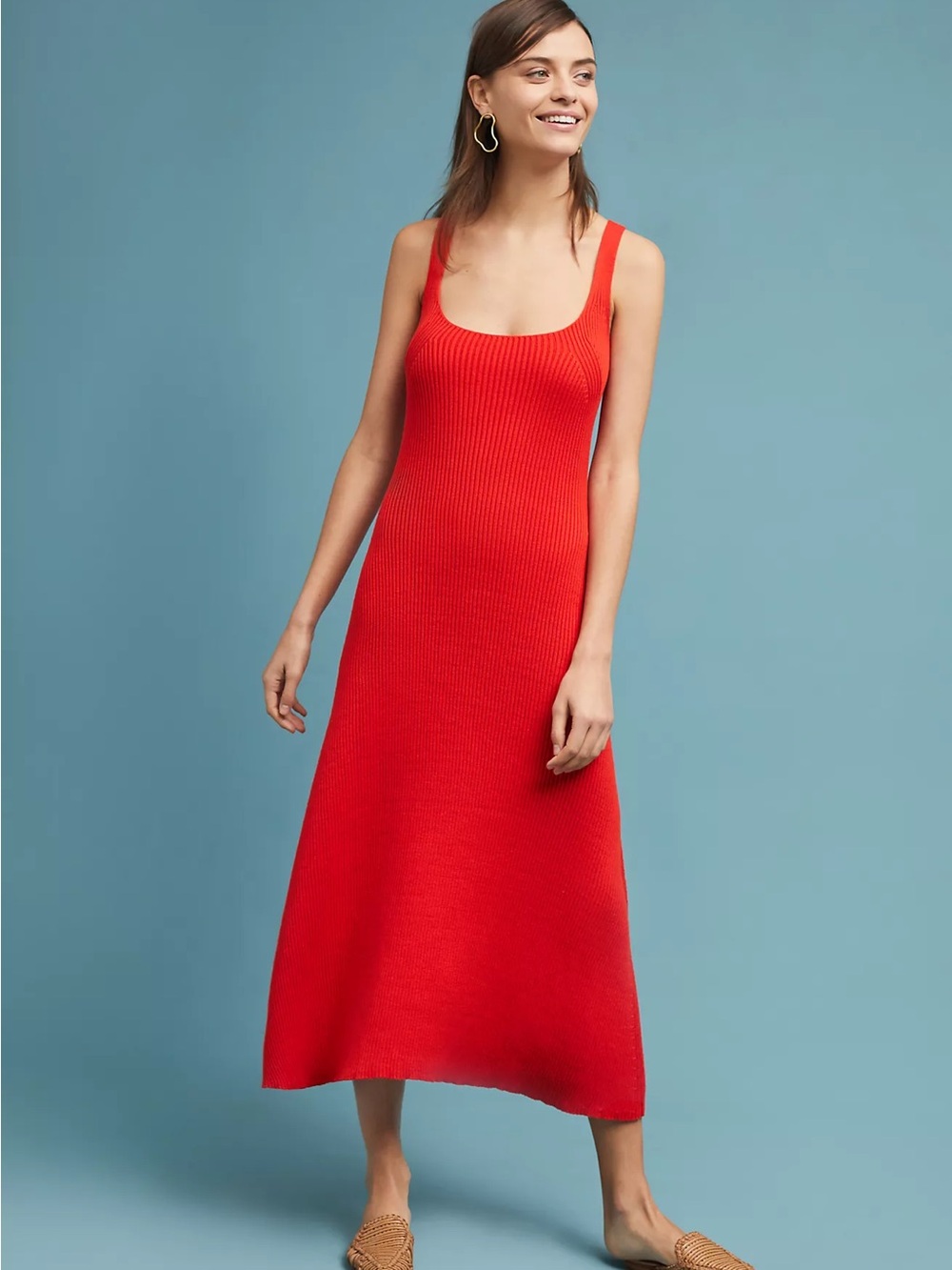 Mara Hoffman L Red Knit Ribbed Scoop Neck Midi Dress Organic Cotton Colorful Eco